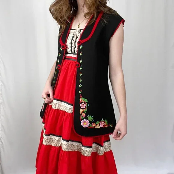 Vintage Cottagecore Tiered Floral Lace Milkmaid Alps German Peasant Midi Dress - Picture 4 of 11